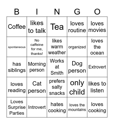 Personality Bingo Card