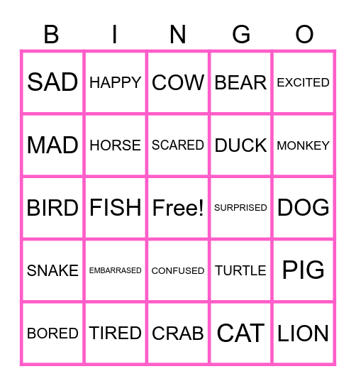 Emotions and Animals Bingo Card