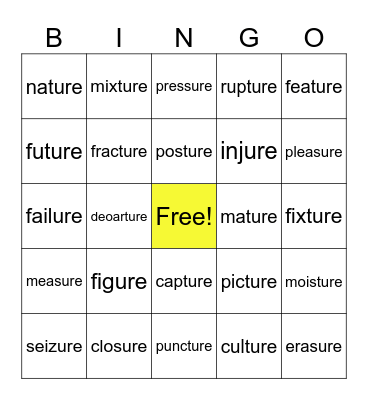 ending -ure Bingo Card