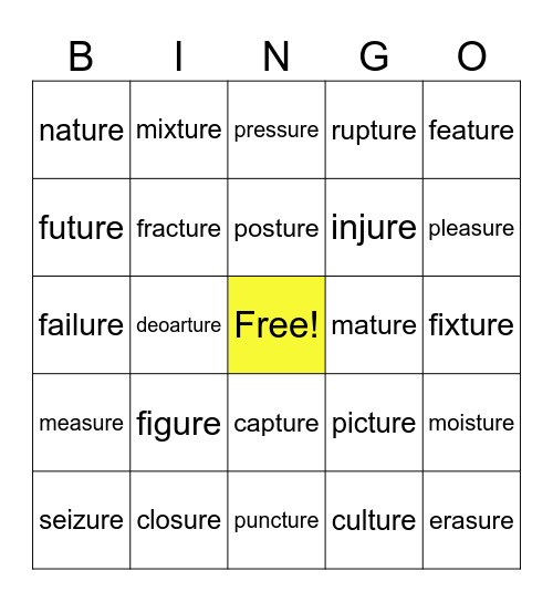 ending -ure Bingo Card