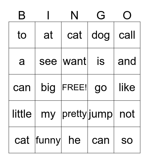 Sight Word Bingo Card