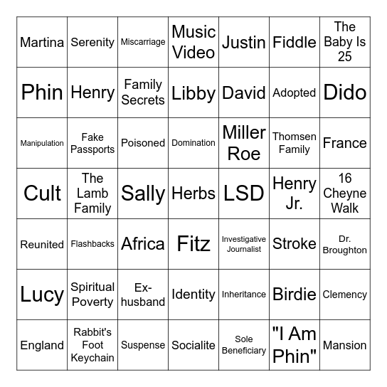 The Family Upstairs Bingo Card