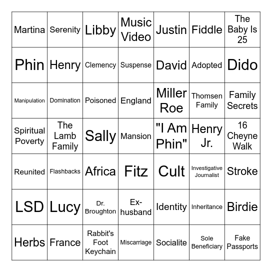 The Family Upstairs Bingo Card