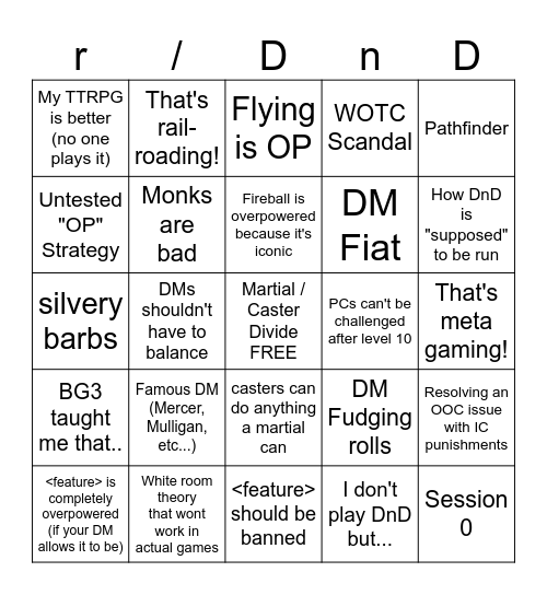 Internet DnD Debate Bingo Card