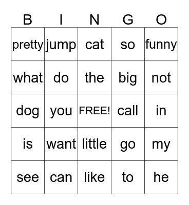 Sight Word Bingo Card