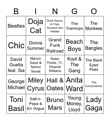 Music Bingo #30 (Middle School Dance) Bingo Card