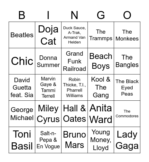 Music Bingo #30 (Middle School Dance) Bingo Card