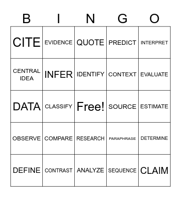 Academic Vocabulary Bingo Card