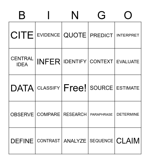 Academic Vocabulary Bingo Card