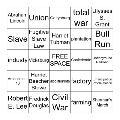 Civil War Bingo Card