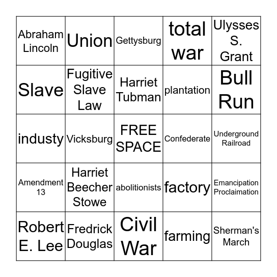 Civil War Bingo Card