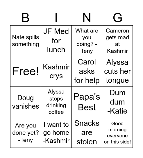 QTR Bingo Card