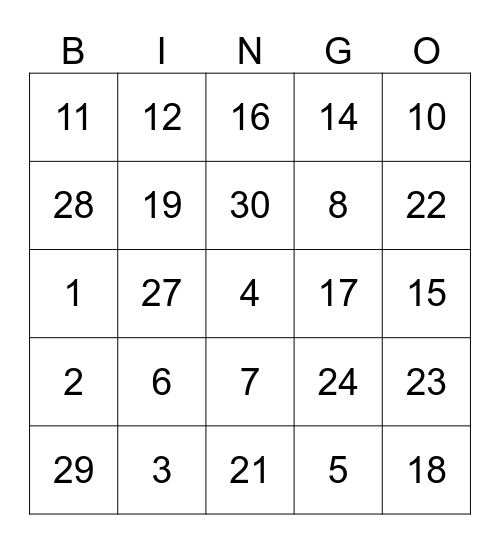 Numbers Bingo Card