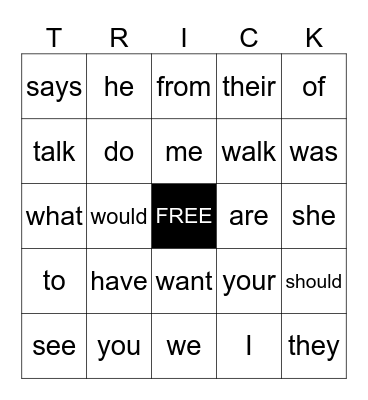 Heart Words Bingo Card