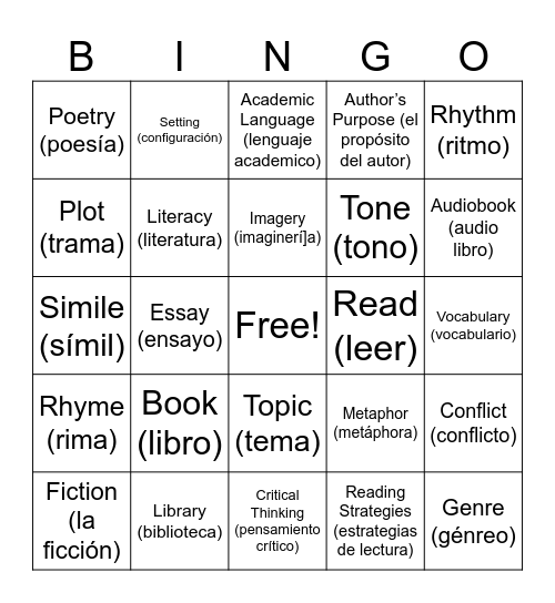 Literacy Bingo Card