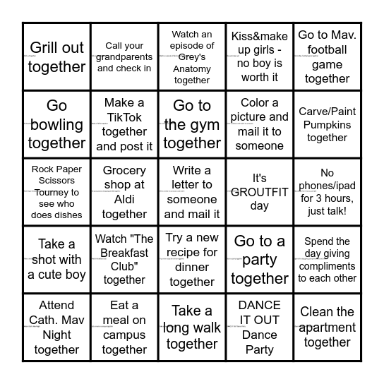 Roommate Bonding Bingo Card