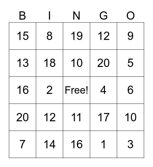 Addition & Subtraction Bingo Card