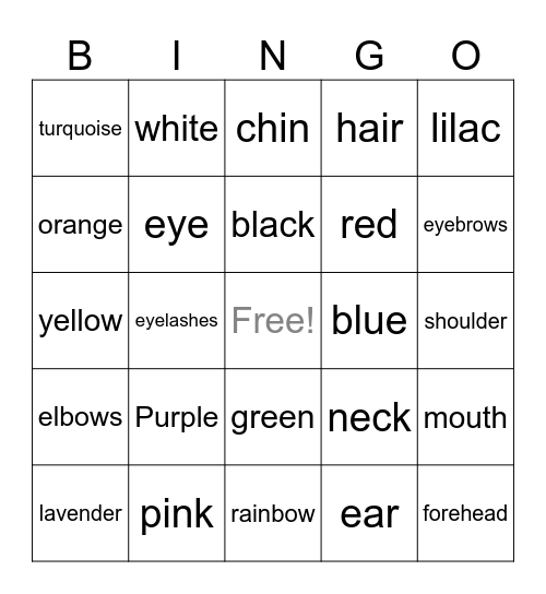 😁 BODY PARTS AND COLOURS 😍 Bingo Card