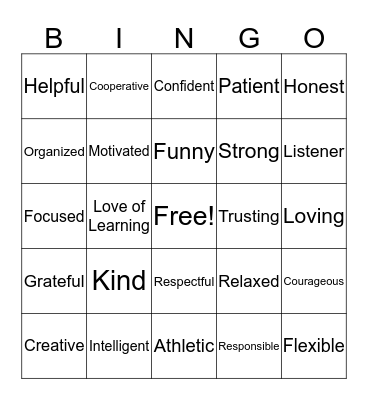 Character Strengths Bingo Card