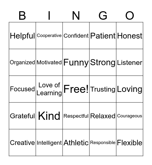 Character Strengths Bingo Card