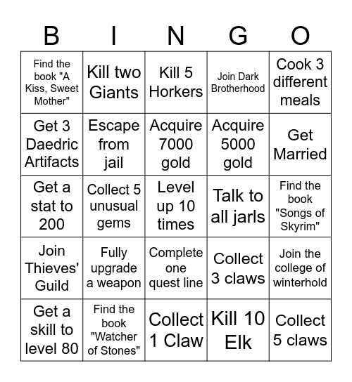 Skyrim Bingo Card