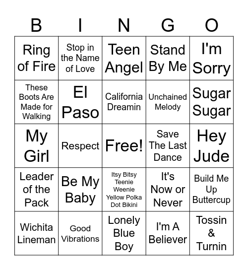 Music of the 1960's Bingo Card