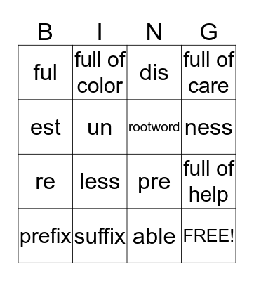 Vocabulary Bingo Card