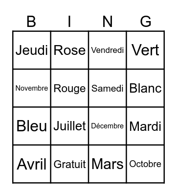 Le Vocabulaire Français Bingo Card