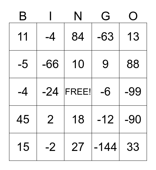 Multiplying & Dividing Integers Bingo Card