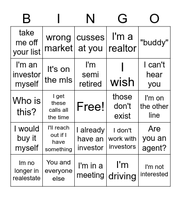 MLS Cold Call Bingo Card