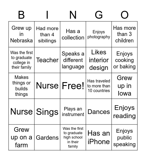 Personal Get To Know You Bingo Card