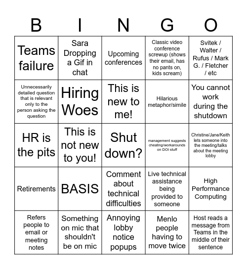 ESC all hands - shut down edition? Bingo Card