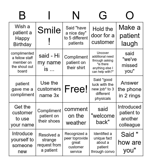 Customer Service Bingo Card