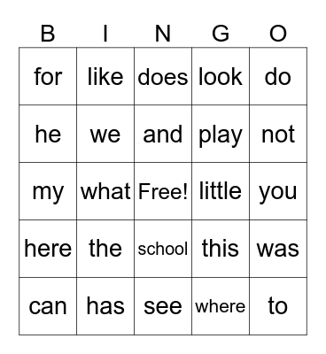 Sight Words 1-34 Bingo Card