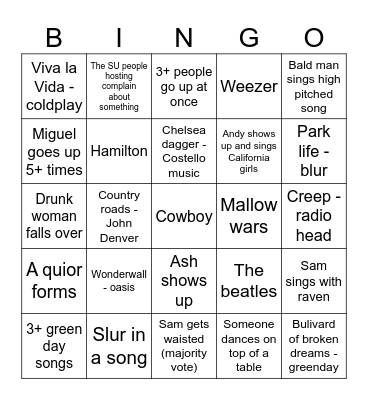 Kariokie Bingo Card