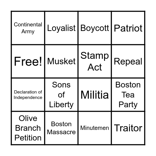 The American Revolution Bingo Card