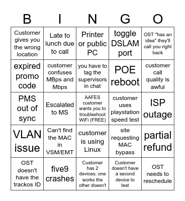 Call Center Bingo Card