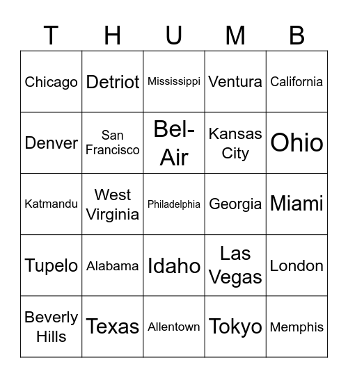 Cities and States Bingo Card