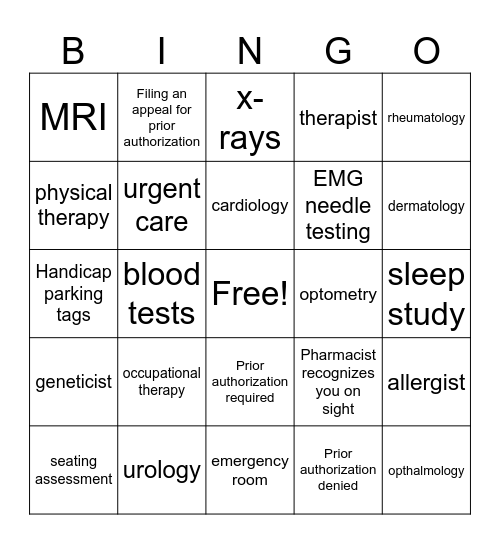 Medical Bingo Card