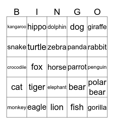 Animals Bingo Card