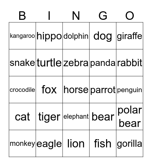 Animals Bingo Card