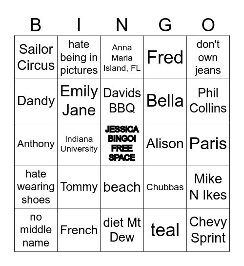 Jessica BINGO! Bingo Card