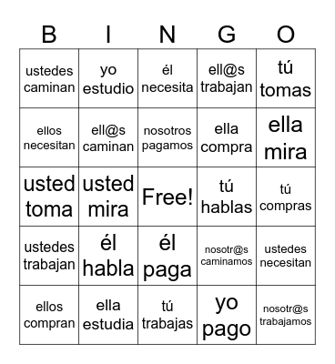 SPANISH -AR VERBS Bingo Card