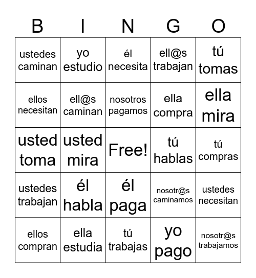 SPANISH -AR VERBS Bingo Card