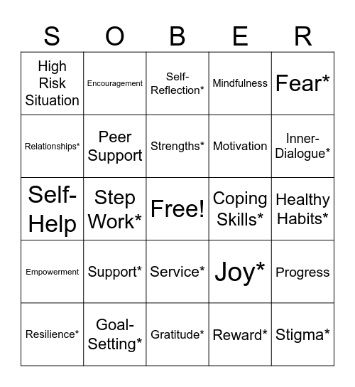 Recovery Bingo Card