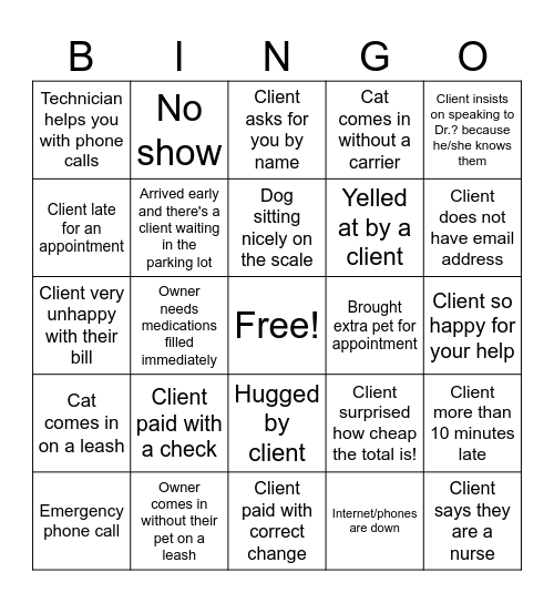 Receptionist Bingo Card