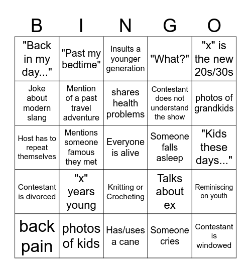 Golden Bachelor Bingo Card