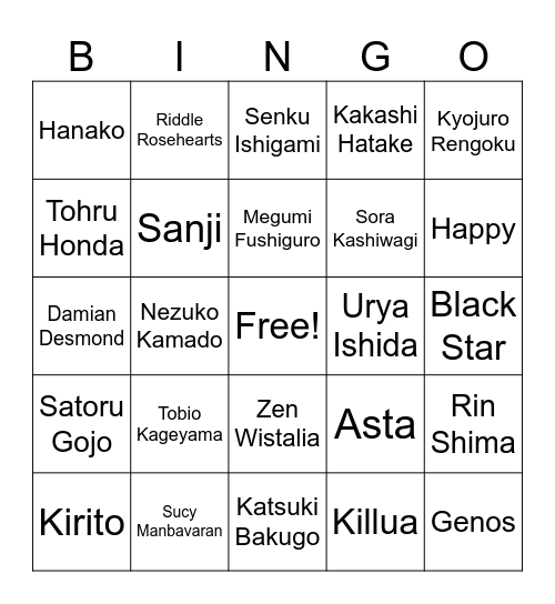 Anime Bingo Card