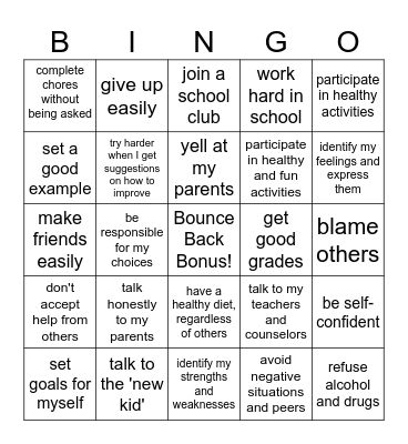 Resiliency Bingo Card