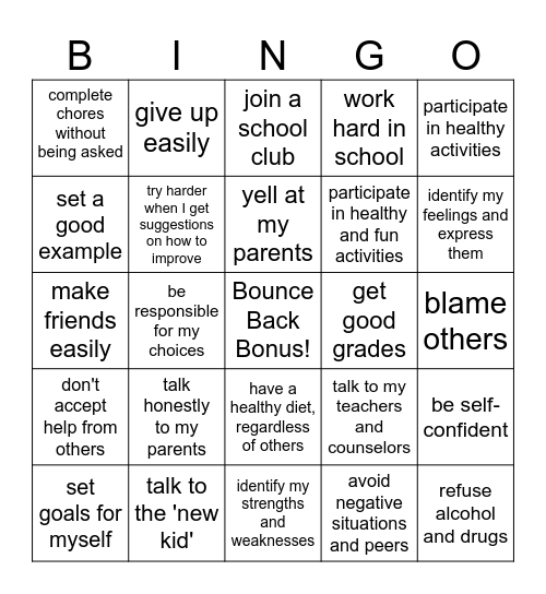 Resiliency Bingo Card